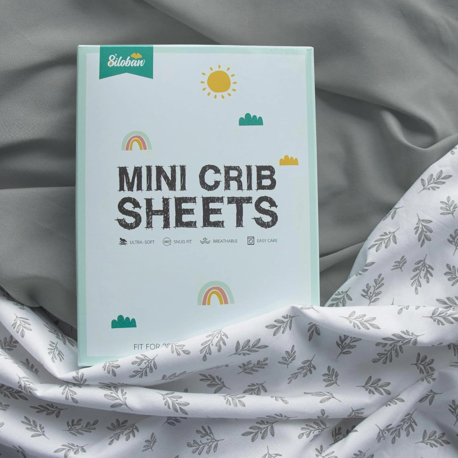 Mini Crib Sheets 4 Pack for Baby Boys & Girls, Neutral Mini Crib Sheet Fitted 38'' x 24'' for Standard Mini Mattress, Ultra Soft Material Baby Sheet, Grey Leaf