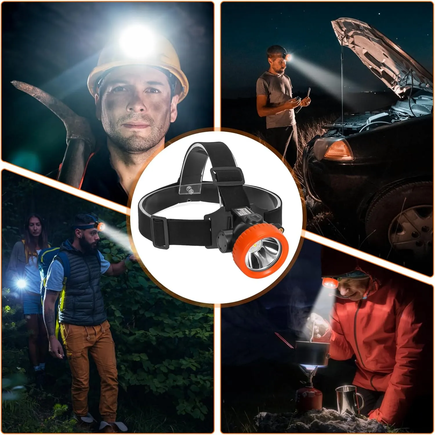 Mining Headlight Coon Hunting Light Mining Lights Rechargeable Mining Cap Lamp Flashlight 7 LEDs Explosion Proof Hard Hat BK3000 for Hunting Fishing Hiking (Orange)