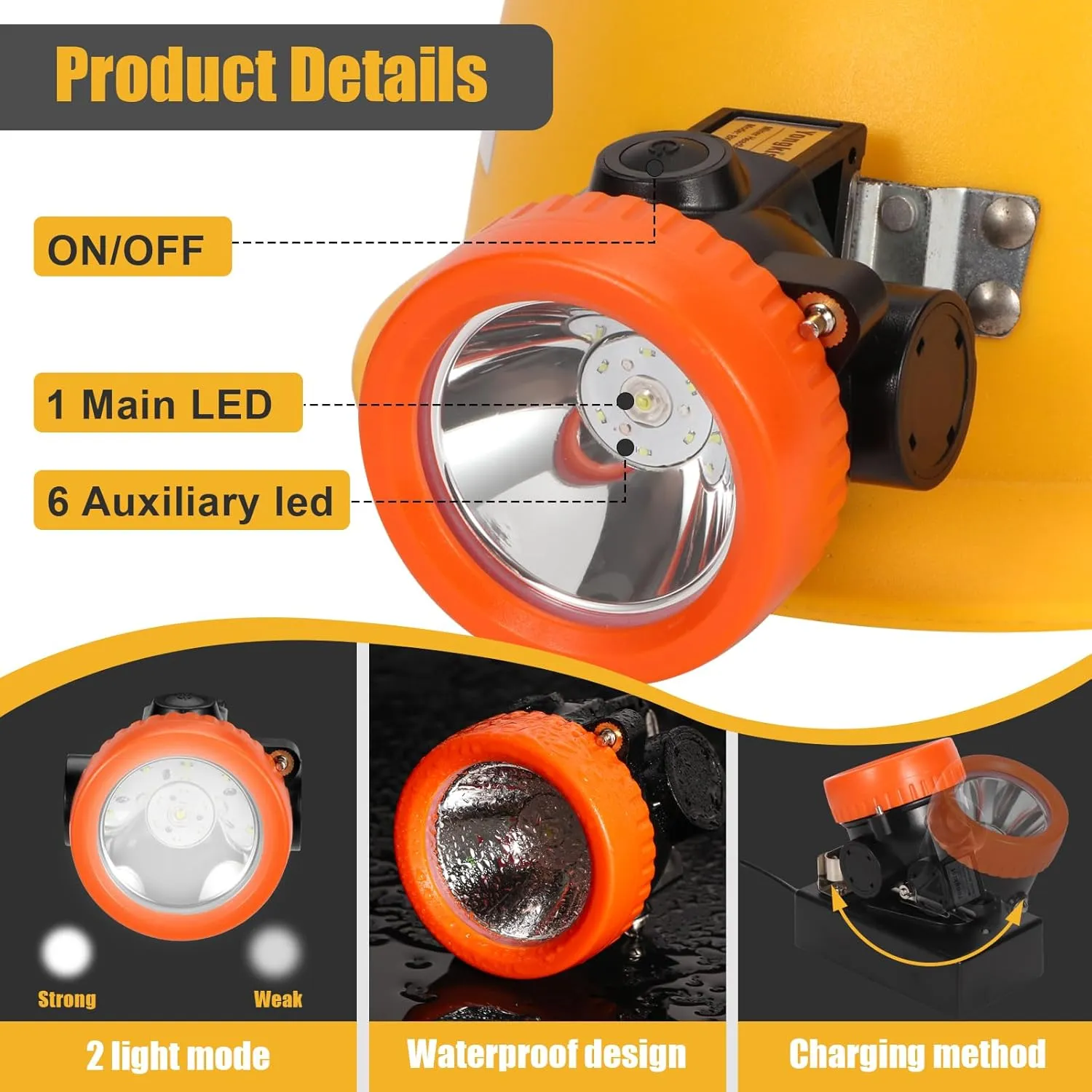 Mining Headlight Coon Hunting Light Mining Lights Rechargeable Mining Cap Lamp Flashlight 7 LEDs Explosion Proof Hard Hat BK3000 for Hunting Fishing Hiking (Orange)