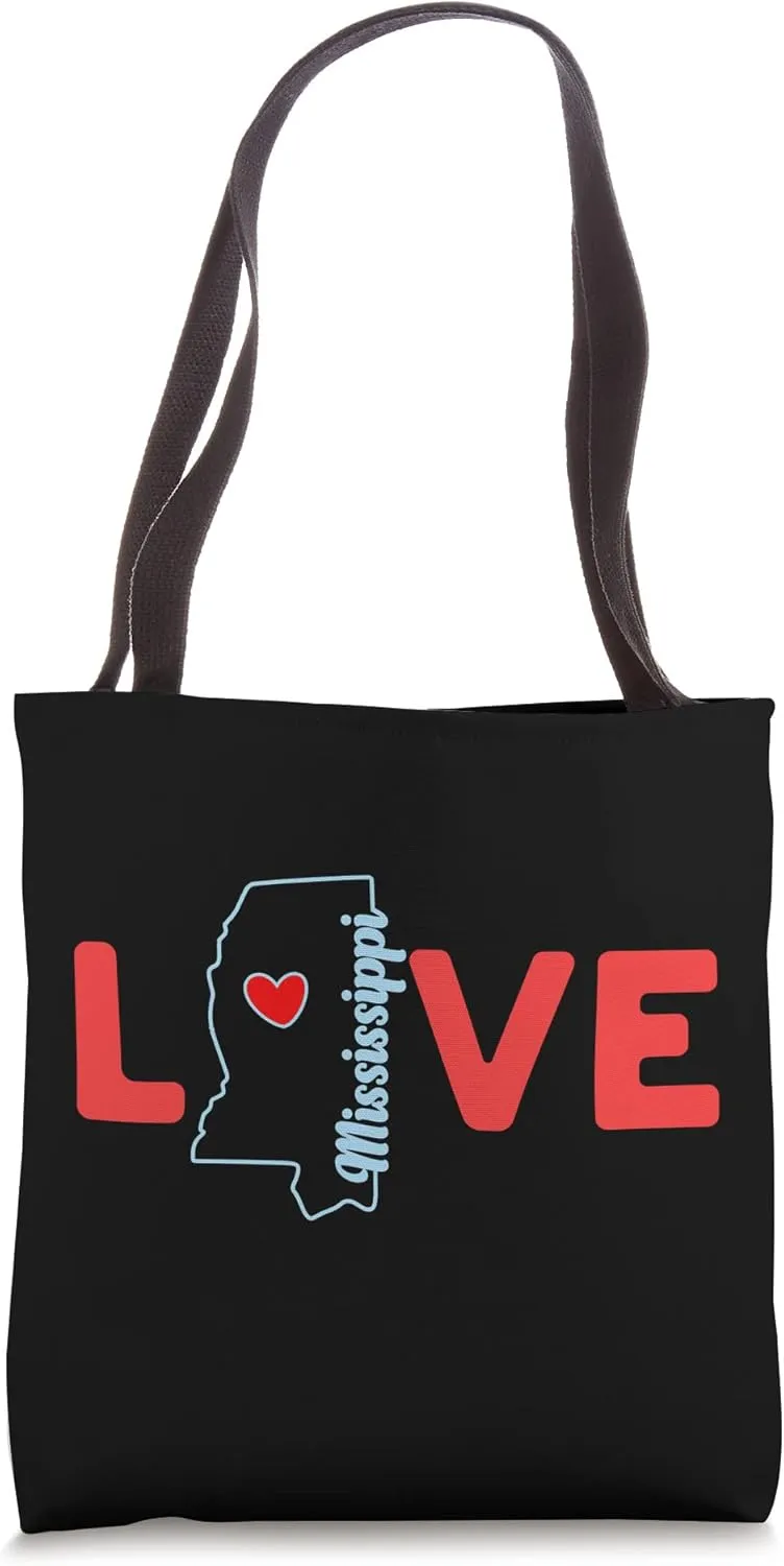 Mississippi Love State Outline of Mississippi in word Love Tote Bag