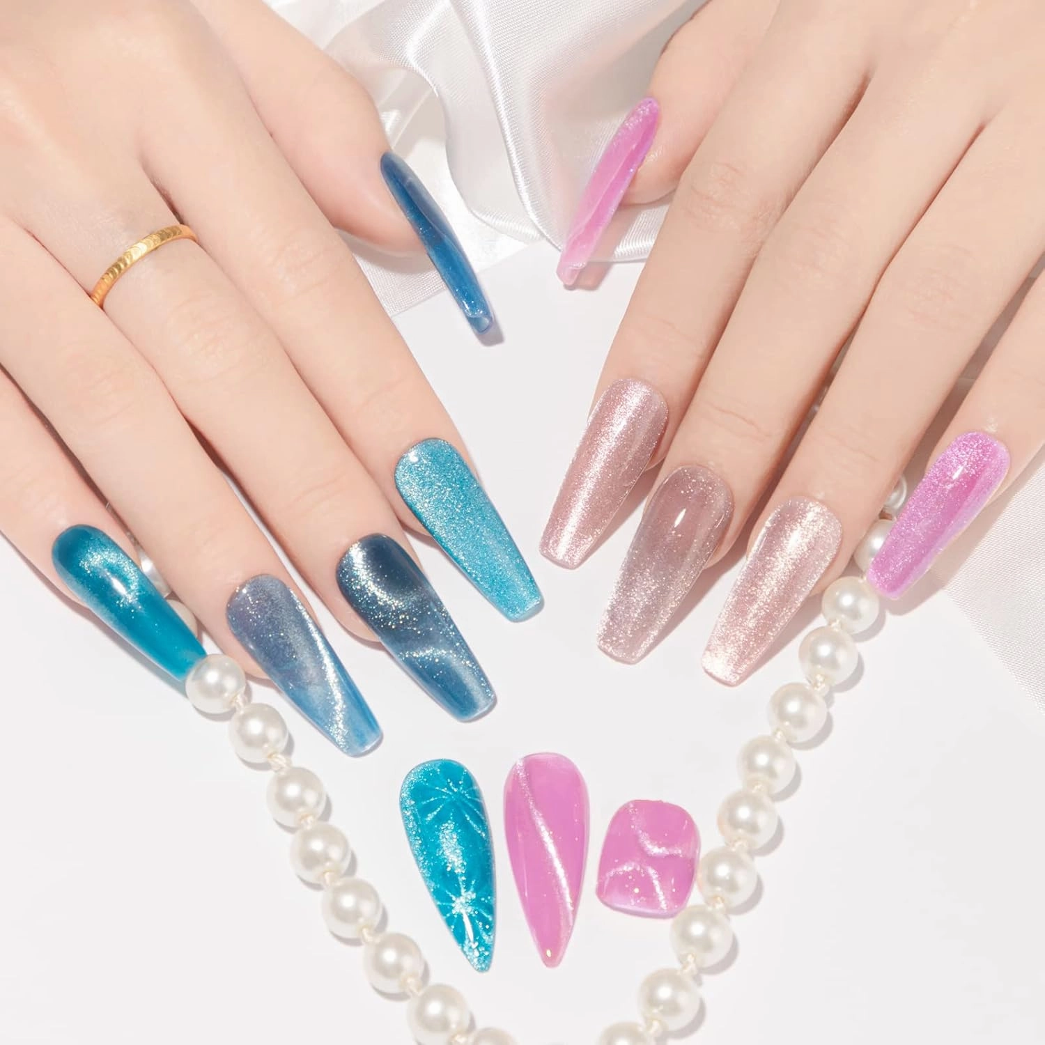MIZHSE Crystal Cat Eye Gel Polish Magnetic Nail Polish 7ml, Autumn Red Silver Blue Diamond Jelly Magnet Cateye Gel for Nail Art Salon Manicure Set