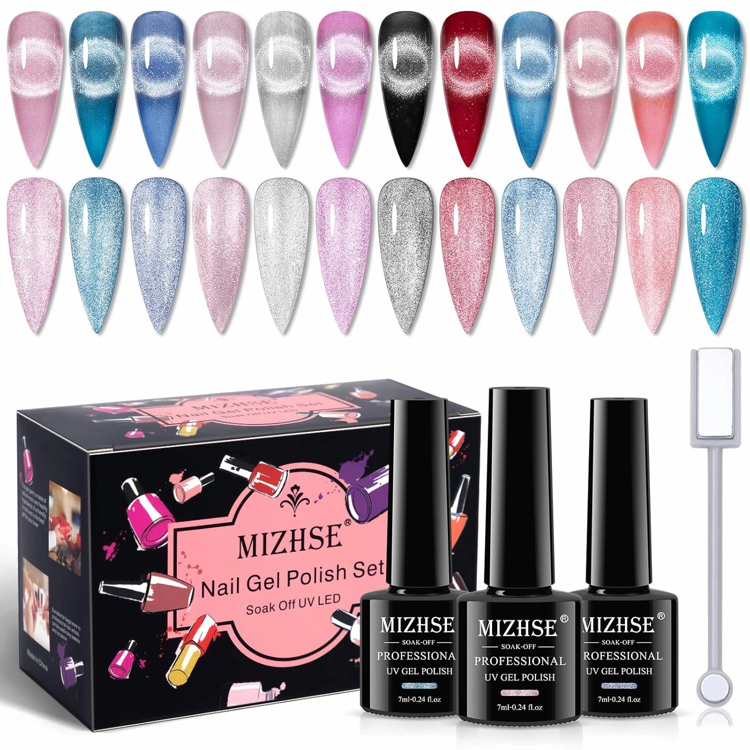 MIZHSE Crystal Cat Eye Gel Polish Magnetic Nail Polish 7ml, Autumn Red Silver Blue Diamond Jelly Magnet Cateye Gel for Nail Art Salon Manicure Set