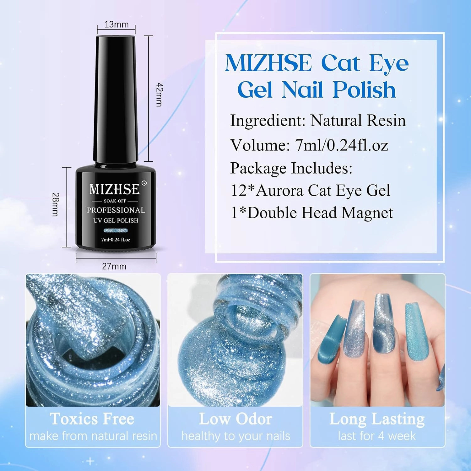 MIZHSE Crystal Cat Eye Gel Polish Magnetic Nail Polish 7ml, Autumn Red Silver Blue Diamond Jelly Magnet Cateye Gel for Nail Art Salon Manicure Set