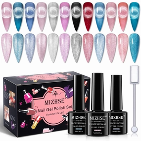 MIZHSE Crystal Cat Eye Gel Polish Magnetic Nail Polish 7ml, Autumn Red Silver Blue Diamond Jelly Magnet Cateye Gel for Nail Art Salon Manicure Set