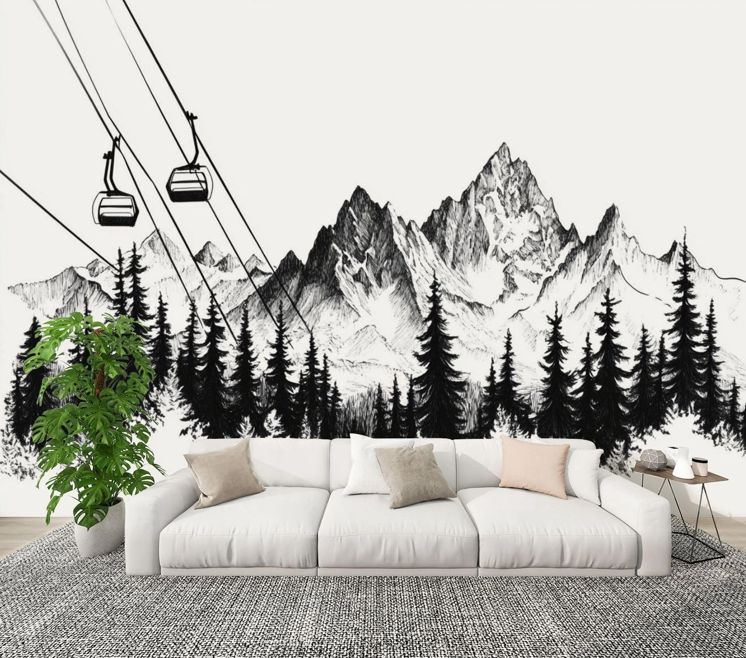 Modern Peel and Stick Wall Mural Wallpaper Mountain Ski Lift Sketch Pine Trees Peaks Forest Alpine Scenery Pen Self Adhesive Removable Wall Stickers for Living Room Bedroom TV Background 69''x98''