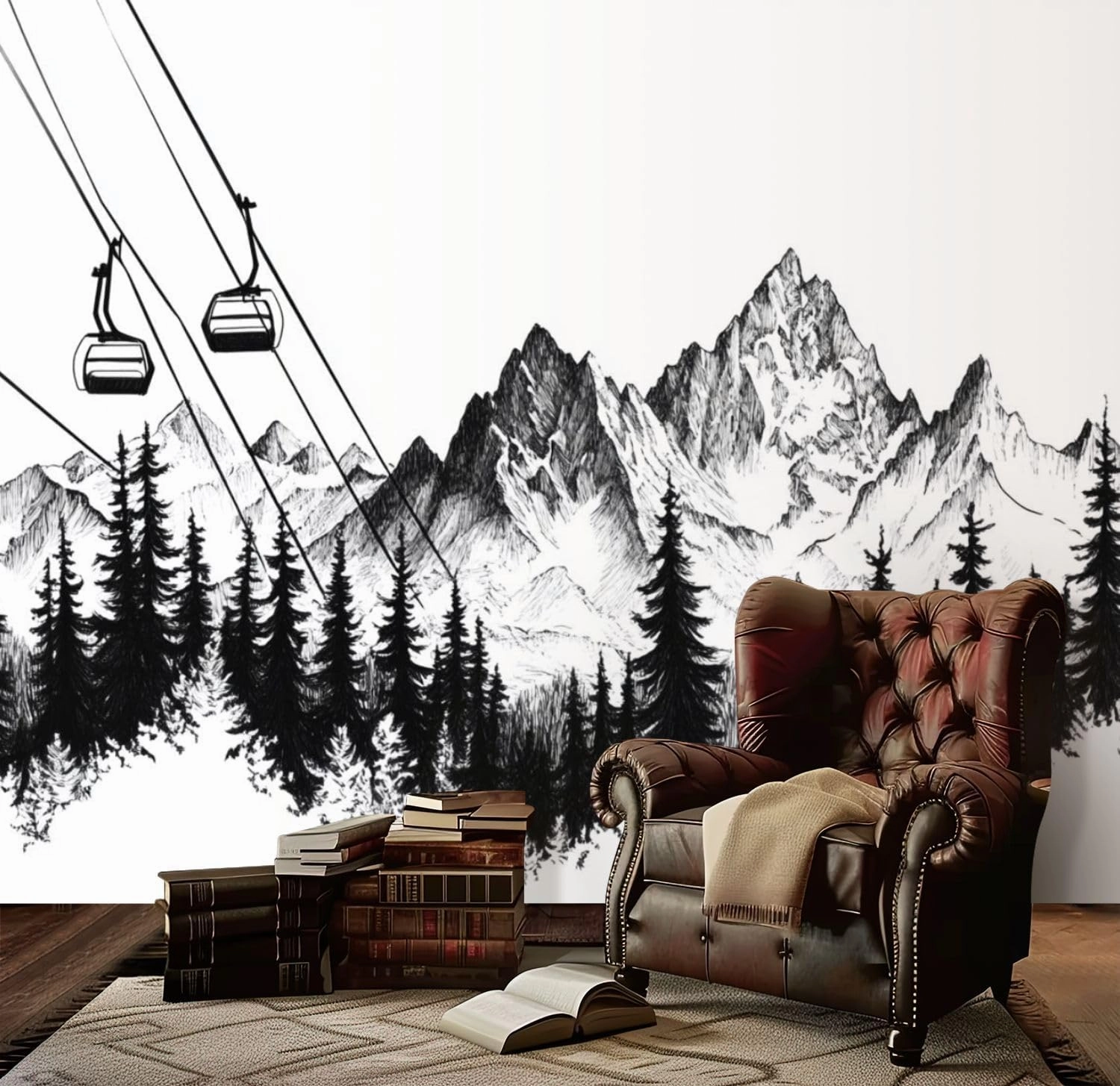 Modern Peel and Stick Wall Mural Wallpaper Mountain Ski Lift Sketch Pine Trees Peaks Forest Alpine Scenery Pen Self Adhesive Removable Wall Stickers for Living Room Bedroom TV Background 69''x98''