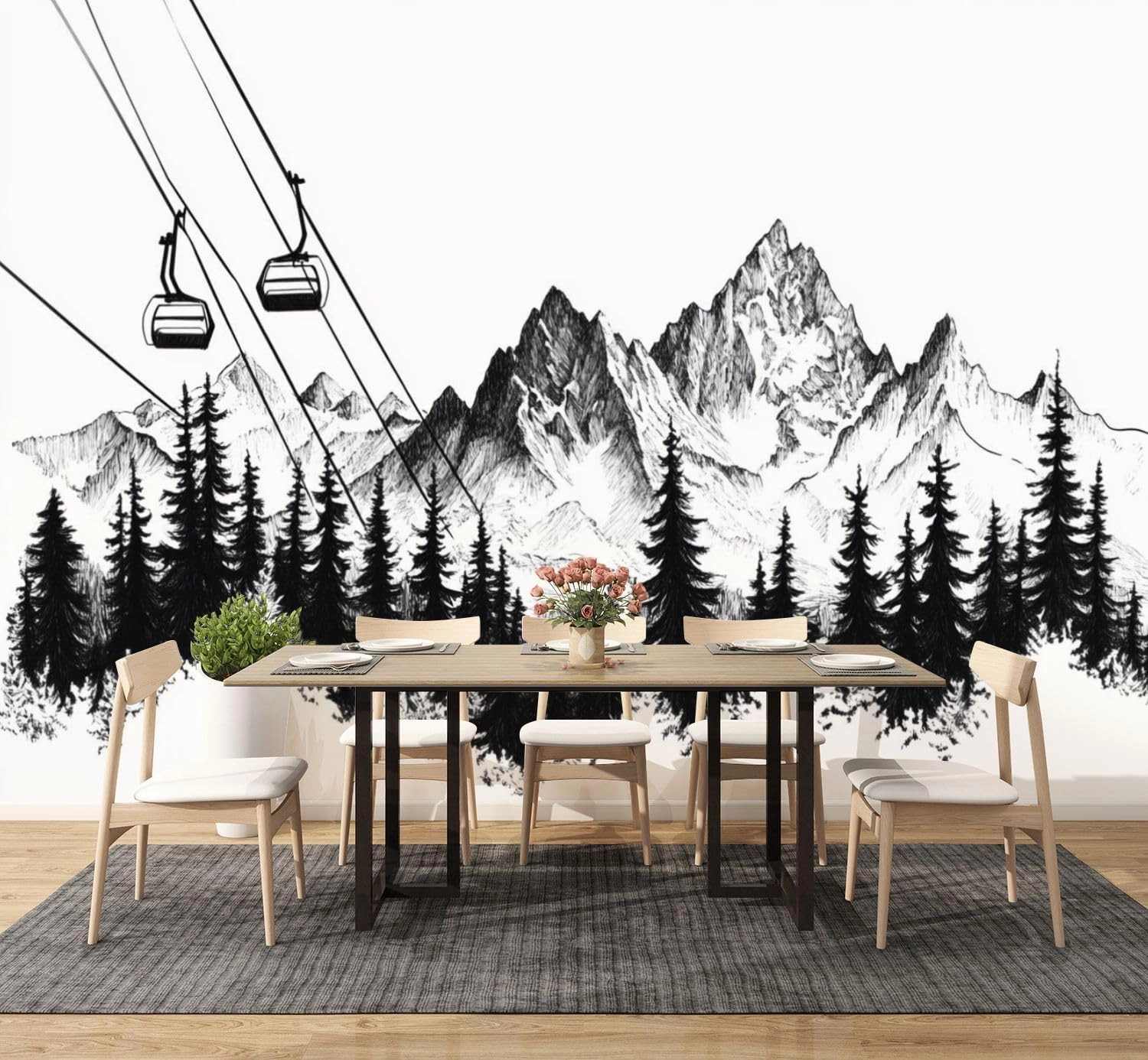 Modern Peel and Stick Wall Mural Wallpaper Mountain Ski Lift Sketch Pine Trees Peaks Forest Alpine Scenery Pen Self Adhesive Removable Wall Stickers for Living Room Bedroom TV Background 69''x98''