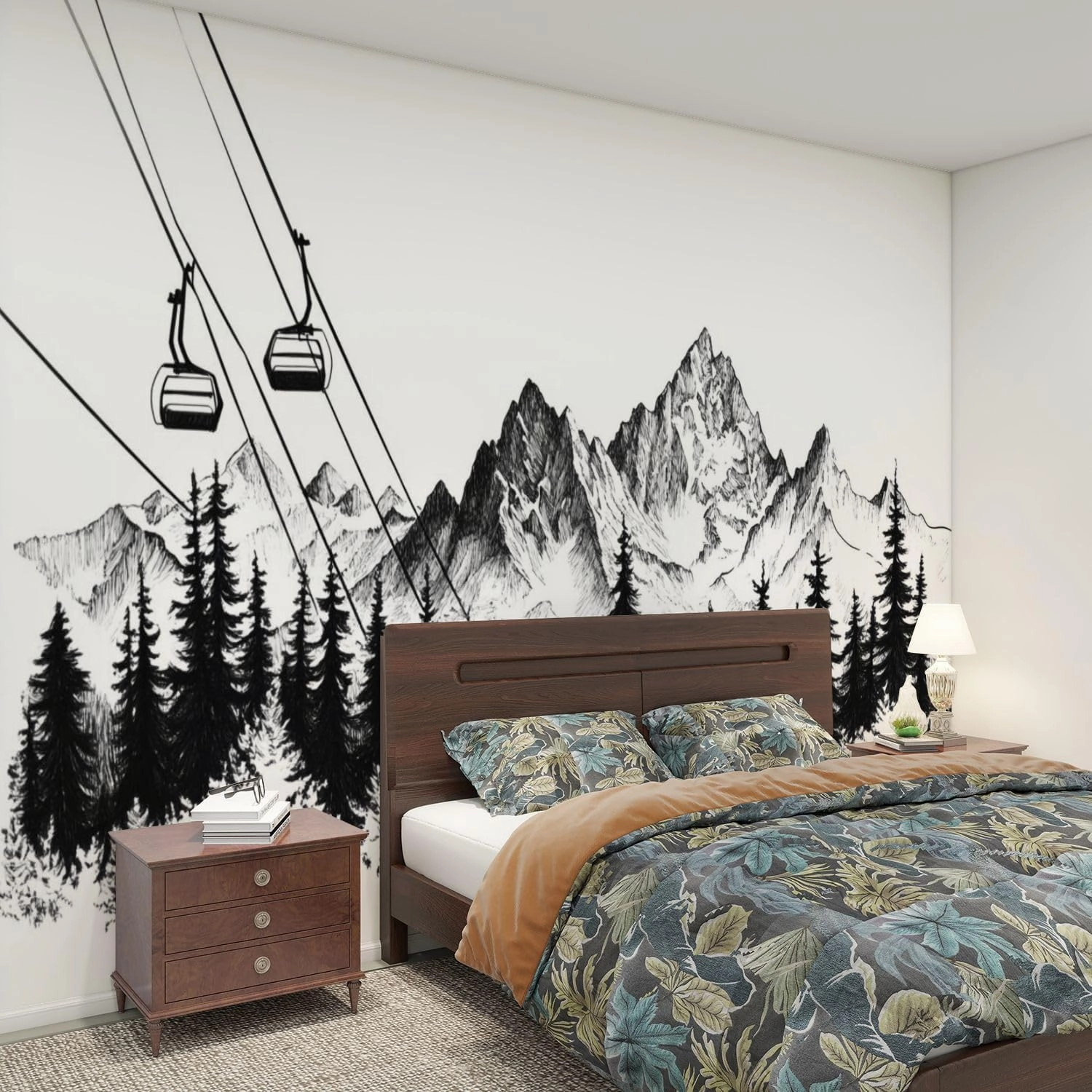 Modern Peel and Stick Wall Mural Wallpaper Mountain Ski Lift Sketch Pine Trees Peaks Forest Alpine Scenery Pen Self Adhesive Removable Wall Stickers for Living Room Bedroom TV Background 69''x98''