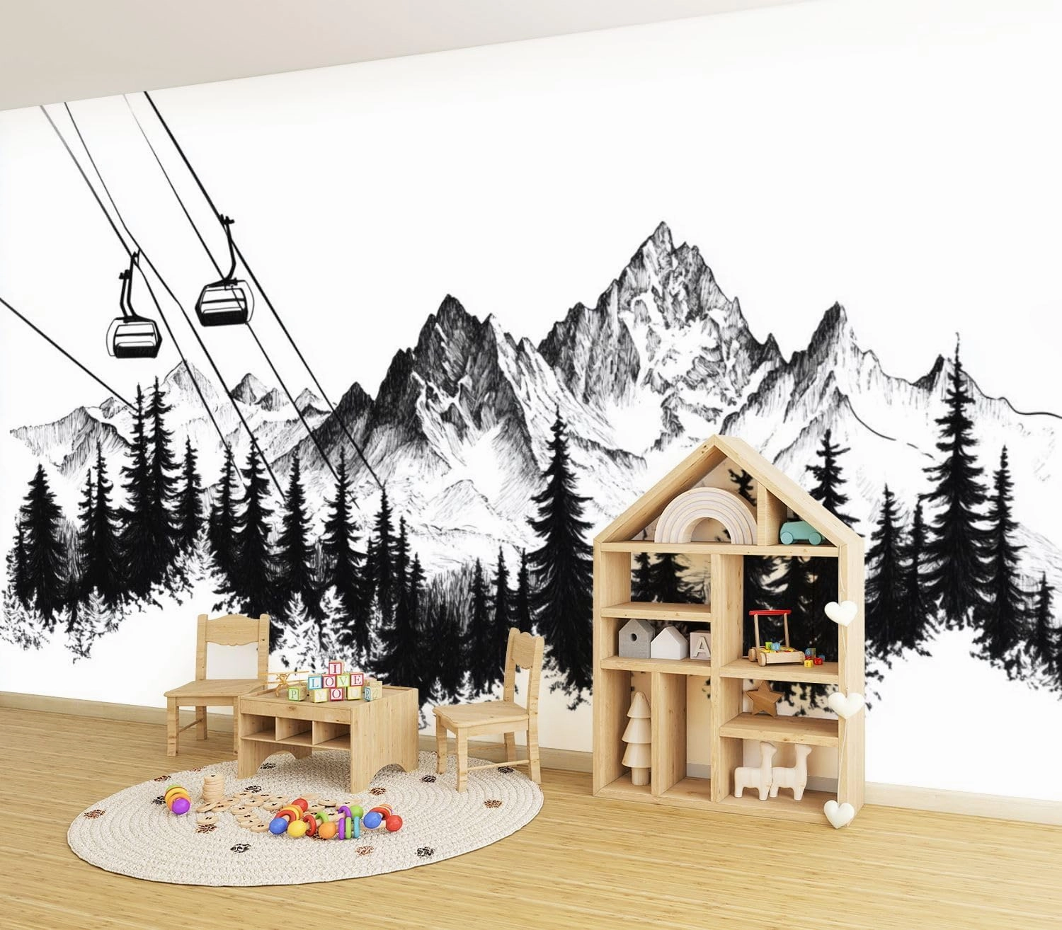 Modern Peel and Stick Wall Mural Wallpaper Mountain Ski Lift Sketch Pine Trees Peaks Forest Alpine Scenery Pen Self Adhesive Removable Wall Stickers for Living Room Bedroom TV Background 69''x98''