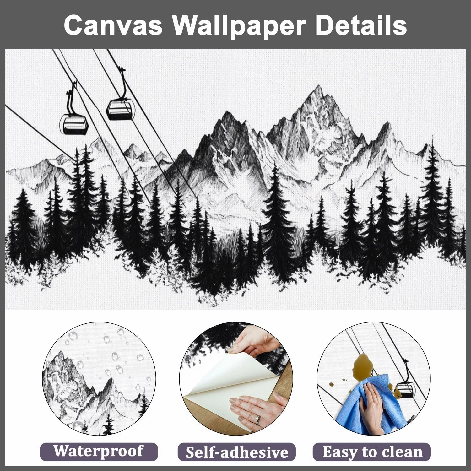 Modern Peel and Stick Wall Mural Wallpaper Mountain Ski Lift Sketch Pine Trees Peaks Forest Alpine Scenery Pen Self Adhesive Removable Wall Stickers for Living Room Bedroom TV Background 69''x98''