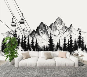 Modern Peel and Stick Wall Mural Wallpaper Mountain Ski Lift Sketch Pine Trees Peaks Forest Alpine Scenery Pen Self Adhesive Removable Wall Stickers for Living Room Bedroom TV Background 69''x98''