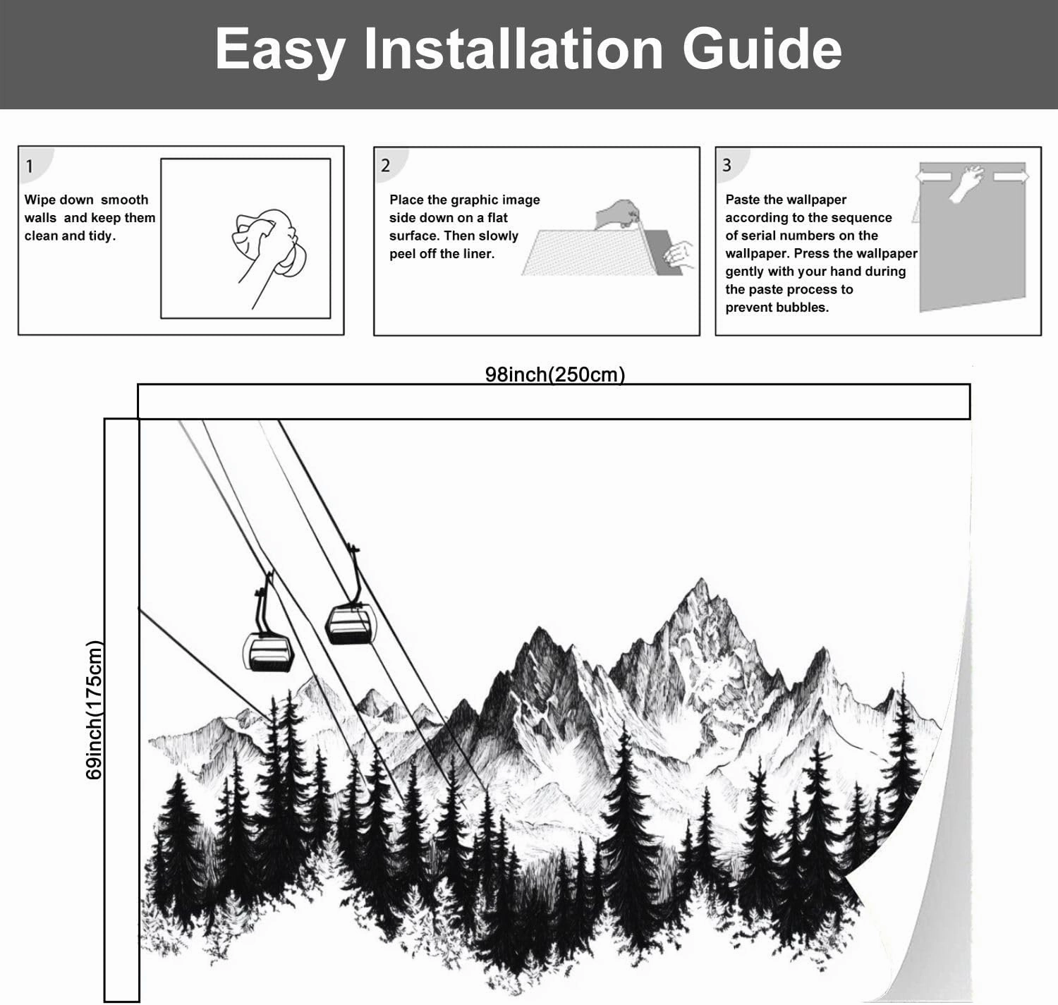 Modern Peel and Stick Wall Mural Wallpaper Mountain Ski Lift Sketch Pine Trees Peaks Forest Alpine Scenery Pen Self Adhesive Removable Wall Stickers for Living Room Bedroom TV Background 69''x98''