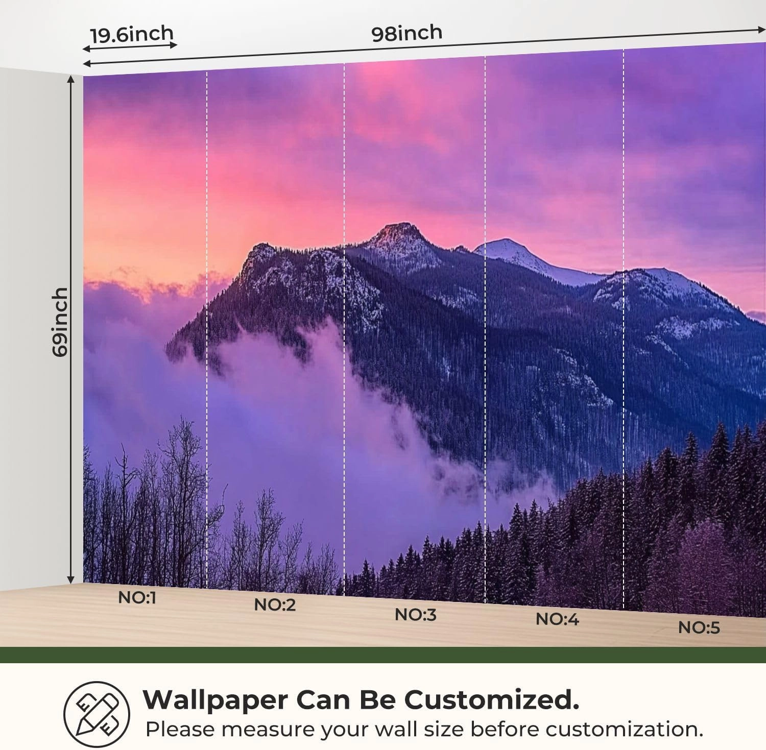 Modern Peel and Stick Wallpaper Removable Wall Murals 3D Misty Mountains Pink Fog Self-Adhesive PVC Wall Stickers for Living Room Bedroom 96"x69"