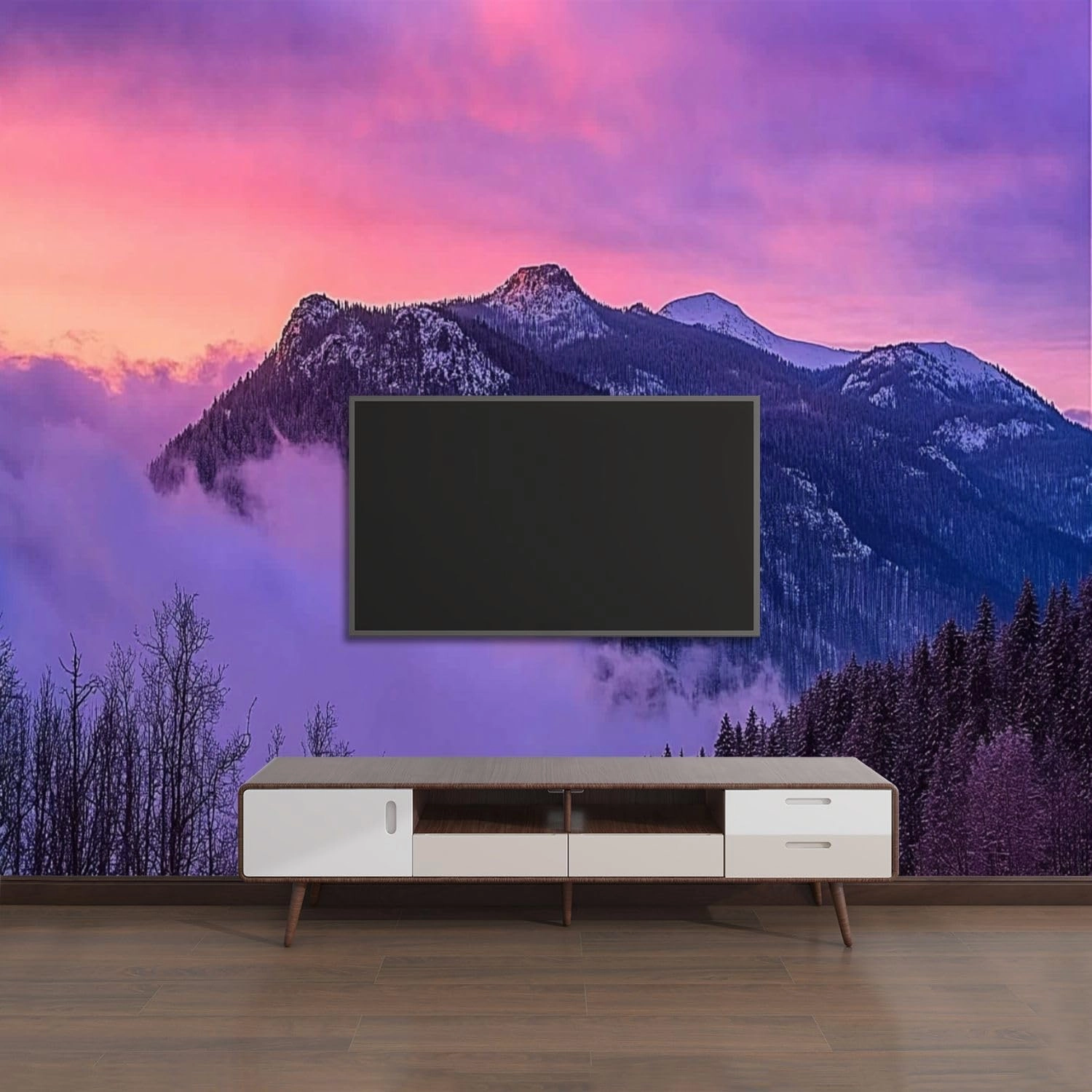 Modern Peel and Stick Wallpaper Removable Wall Murals 3D Misty Mountains Pink Fog Self-Adhesive PVC Wall Stickers for Living Room Bedroom 96"x69"
