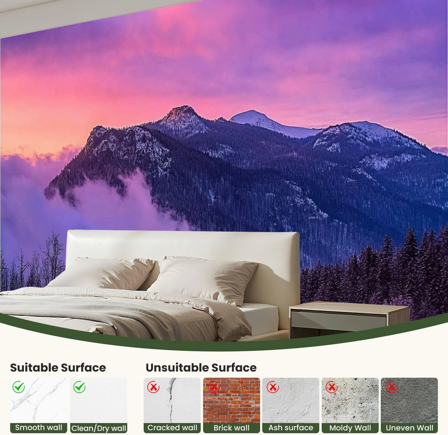 Modern Peel and Stick Wallpaper Removable Wall Murals 3D Misty Mountains Pink Fog Self-Adhesive PVC Wall Stickers for Living Room Bedroom 96"x69"