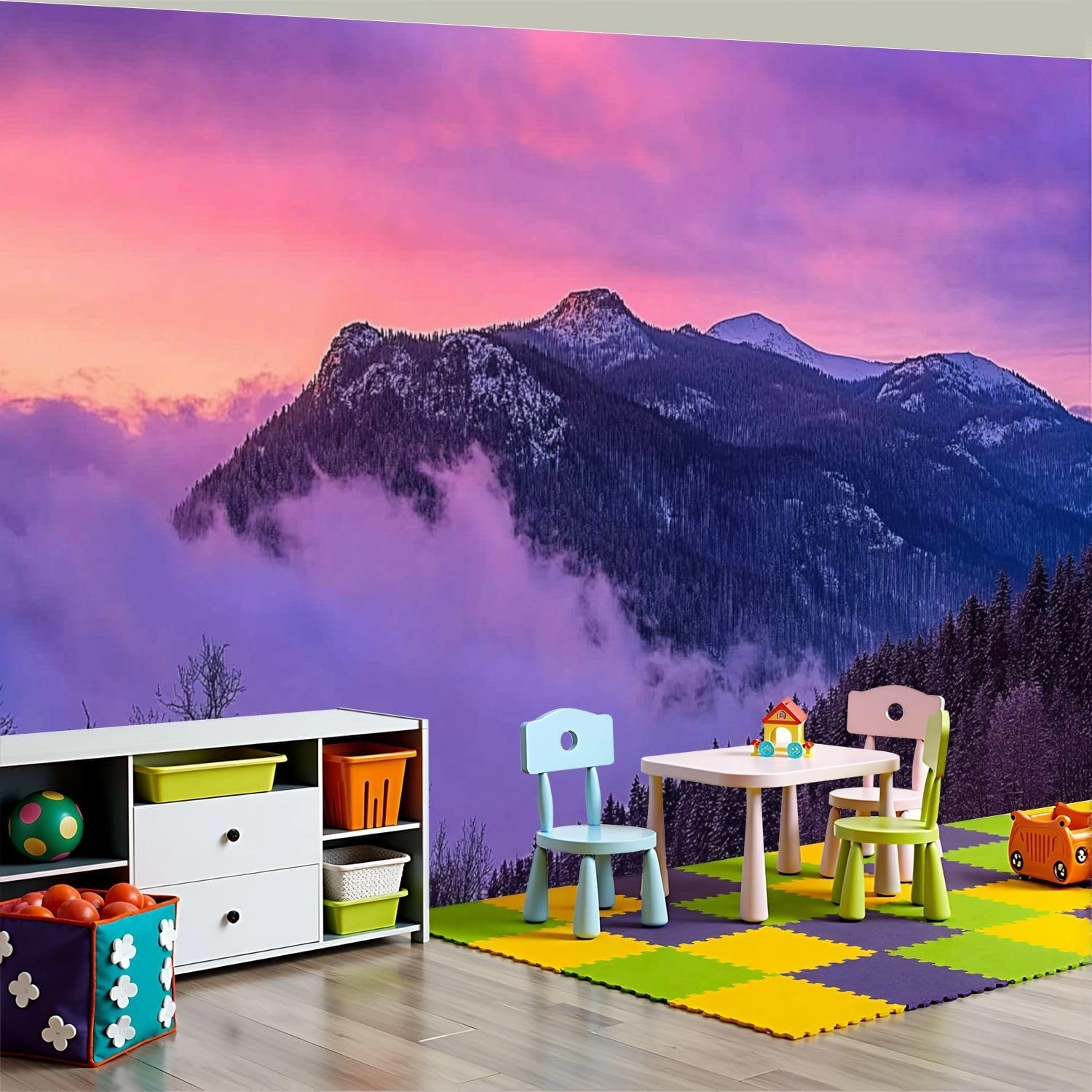 Modern Peel and Stick Wallpaper Removable Wall Murals 3D Misty Mountains Pink Fog Self-Adhesive PVC Wall Stickers for Living Room Bedroom 96"x69"