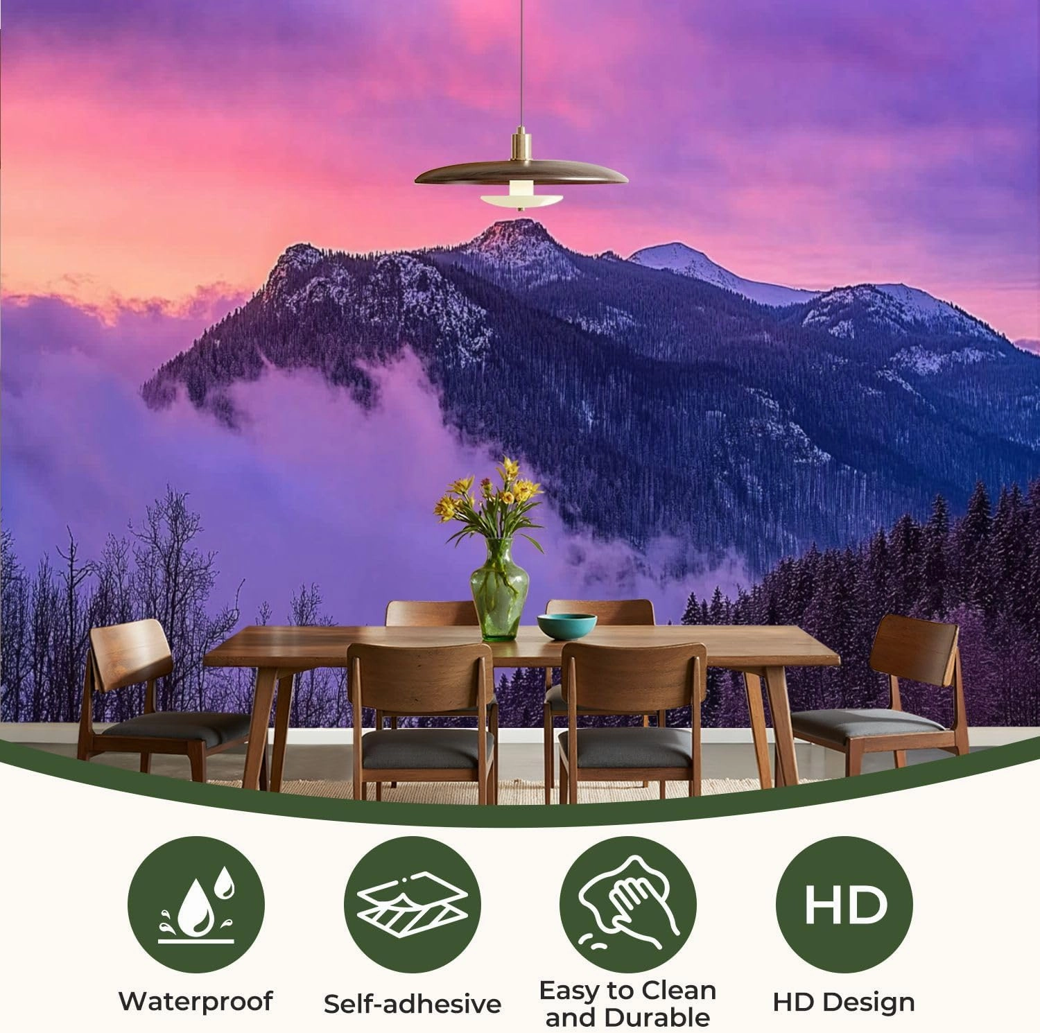 Modern Peel and Stick Wallpaper Removable Wall Murals 3D Misty Mountains Pink Fog Self-Adhesive PVC Wall Stickers for Living Room Bedroom 96"x69"