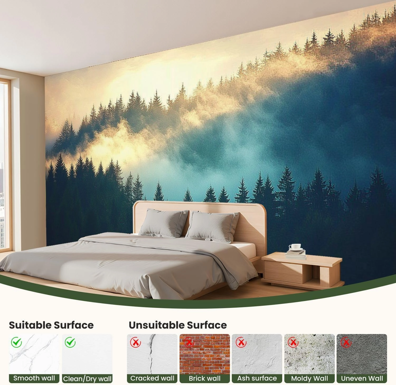 Modern Peel and Stick Wallpaper Removable Wall Murals 3D View Misty Fog Mountains Autumn Self-Adhesive PVC Wall Stickers for Living Room Bedroom 144"x100"