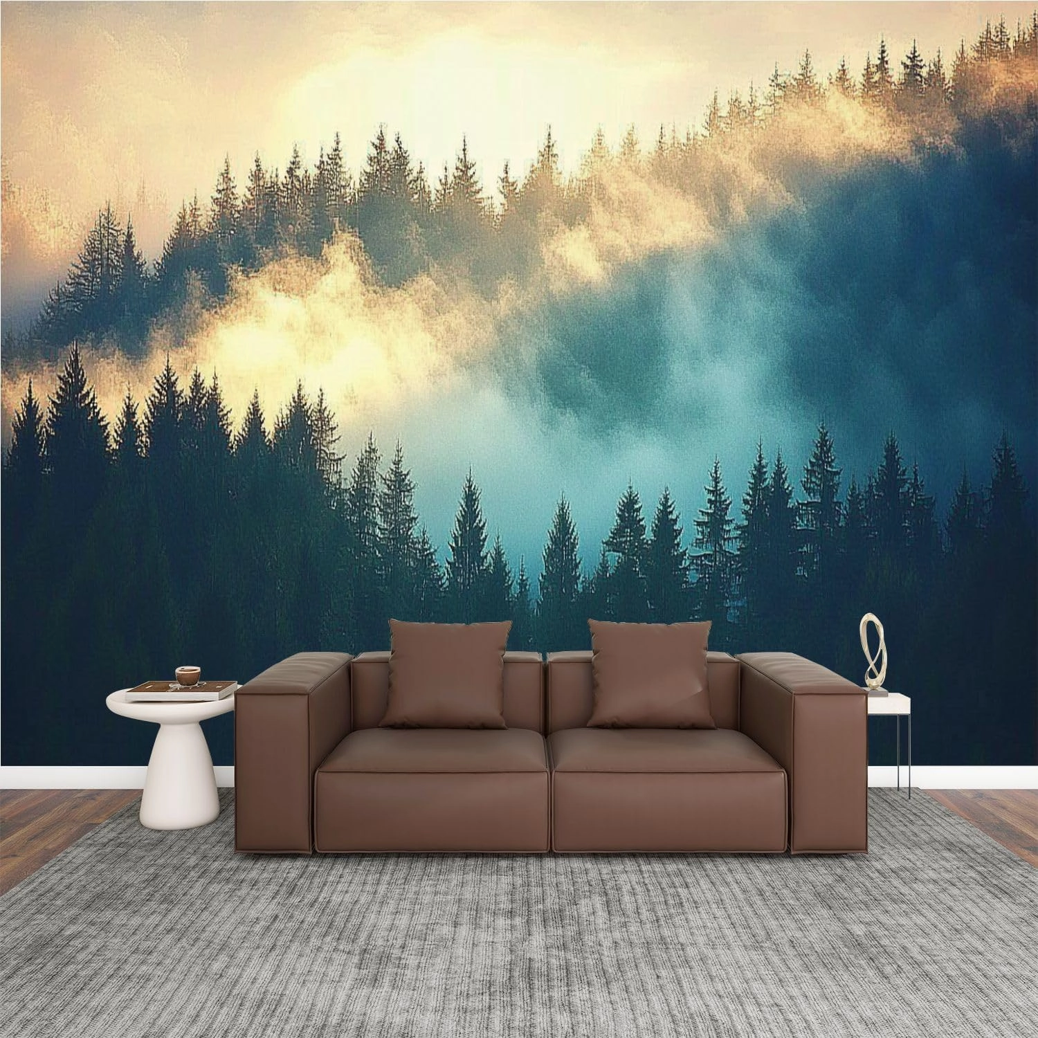 Modern Peel and Stick Wallpaper Removable Wall Murals 3D View Misty Fog Mountains Autumn Self-Adhesive PVC Wall Stickers for Living Room Bedroom 144"x100"