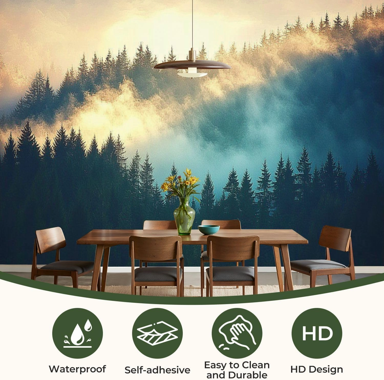 Modern Peel and Stick Wallpaper Removable Wall Murals 3D View Misty Fog Mountains Autumn Self-Adhesive PVC Wall Stickers for Living Room Bedroom 144"x100"