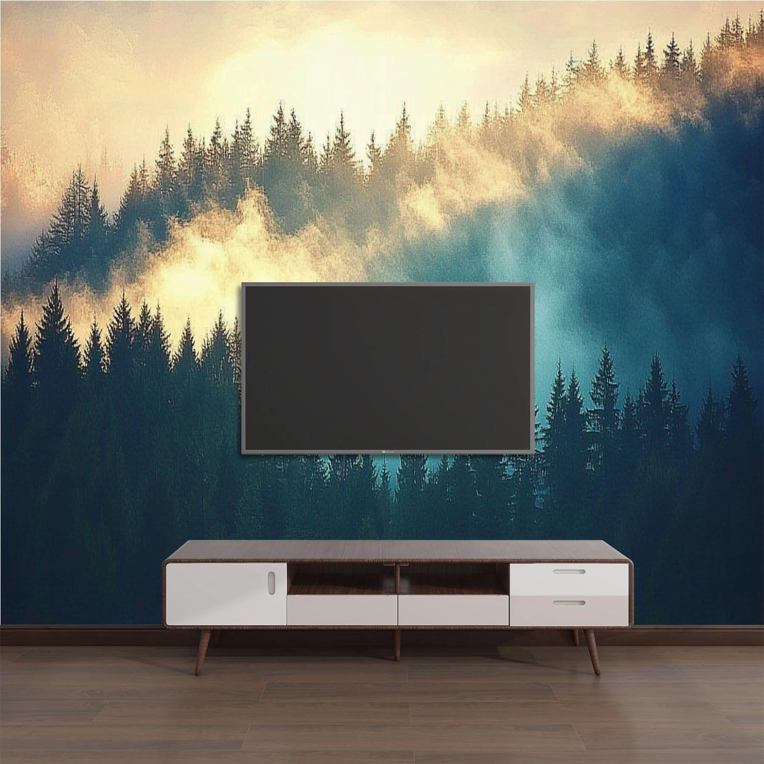 Modern Peel and Stick Wallpaper Removable Wall Murals 3D View Misty Fog Mountains Autumn Self-Adhesive PVC Wall Stickers for Living Room Bedroom 144"x100"
