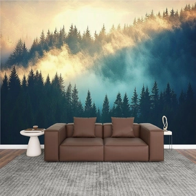 Modern Peel and Stick Wallpaper Removable Wall Murals 3D View Misty Fog Mountains Autumn Self-Adhesive PVC Wall Stickers for Living Room Bedroom 144"x100"