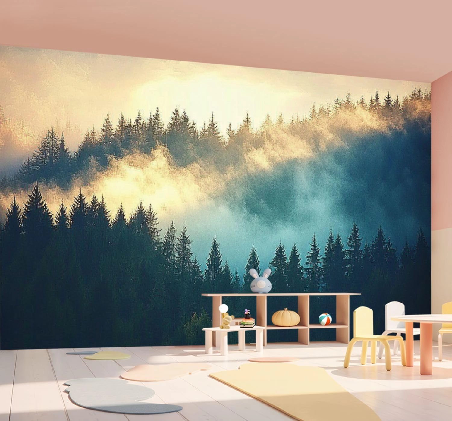 Modern Peel and Stick Wallpaper Removable Wall Murals 3D View Misty Fog Mountains Autumn Self-Adhesive PVC Wall Stickers for Living Room Bedroom 144"x100"