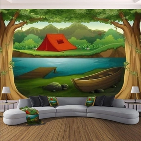 Modern Wall Murals 3D Scene Camping Ground deep Forest Peel and Stick Wallpaper Removable Self-Adhesive PVC Wall Stickers for Living Room Bedroom Wall Decor