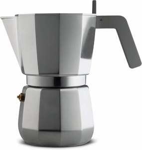 Moka, Espresso coffee maker in aluminium casting. Handle and knob in PA, grey. Magnetic steel bottom suitable for induction cooking. Filter for American coffee included. 9 cups.