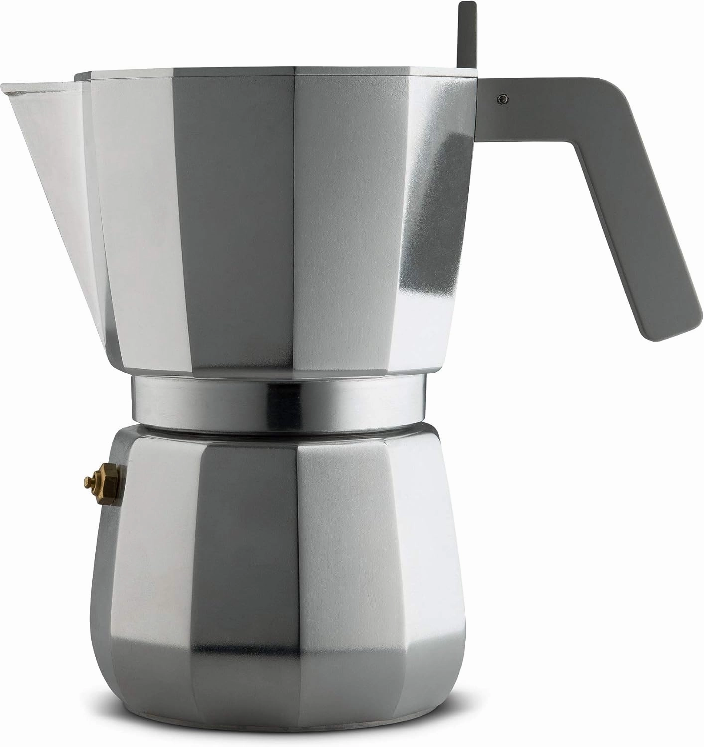 Moka, Espresso coffee maker in aluminium casting. Handle and knob in PA, grey. Magnetic steel bottom suitable for induction cooking. Filter for American coffee included. 9 cups.
