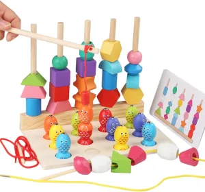 Montessori Wooden Bead Sorting Toy Set with Fishing, Stacking Blocks, Beads and Matching Shape Stackers for 3 4 5   Years Old Boys/Girls STEM Preschool Learning Toys for Gifts