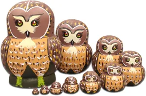 Moonmo 10pcs Brown Owl Handmade Wooden Russian Nesting Dolls Matryoshka Dolls Set