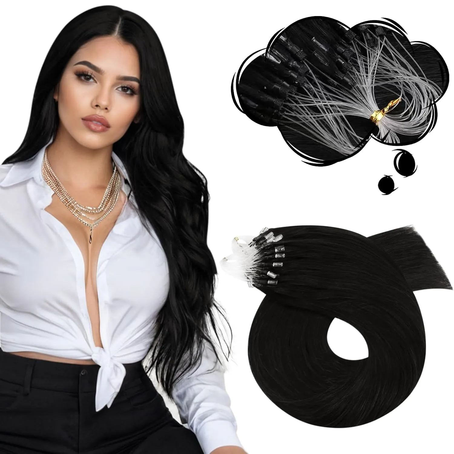 Moresoo Microlink Hair Extensions Human Hair Natural Black Micro Beads Hair Extensions Human Hair 14 inch Straight Silky Micro Loop Extensions for Wedding 50G/50S