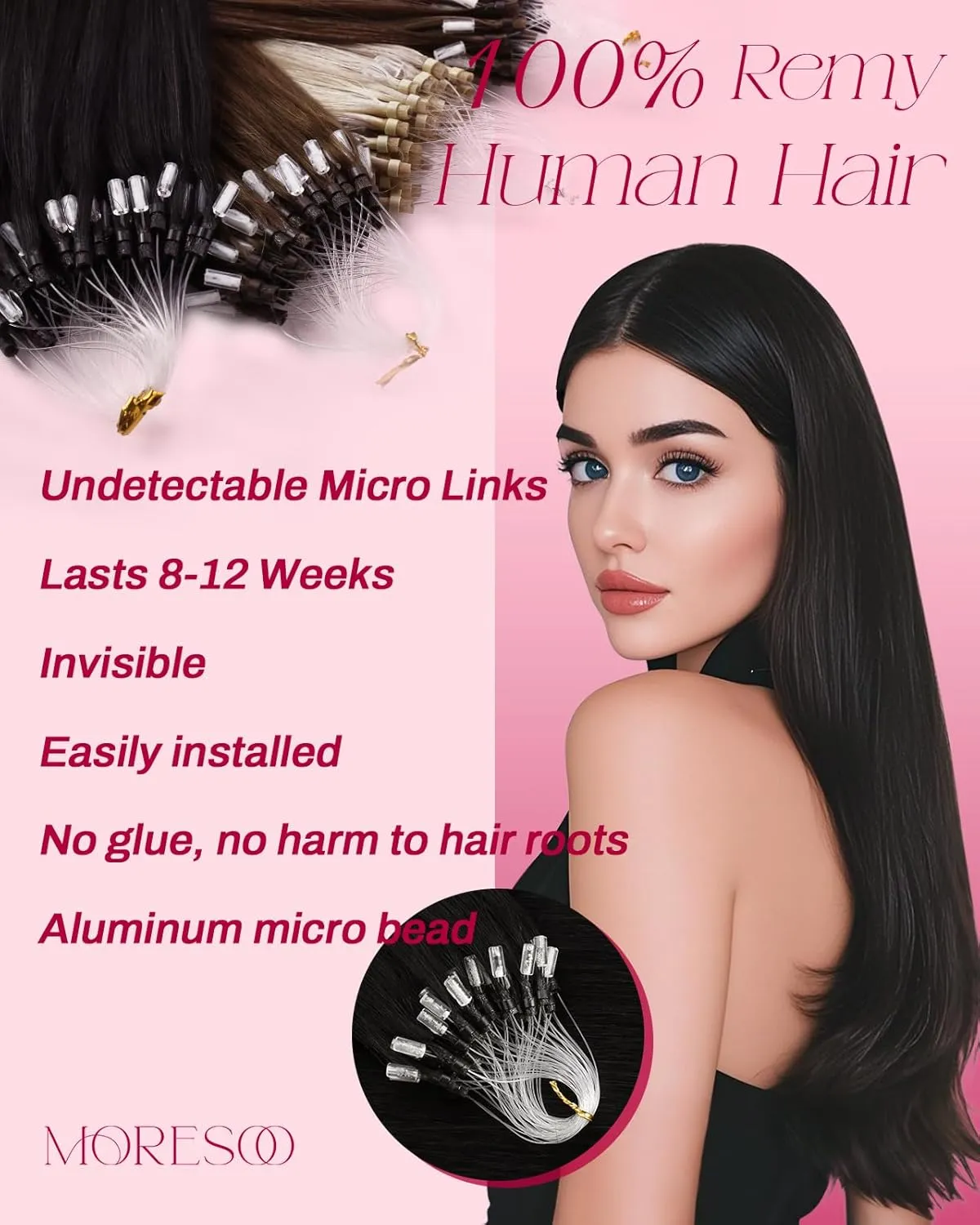 Moresoo Microlink Hair Extensions Human Hair Natural Black Micro Beads Hair Extensions Human Hair 14 inch Straight Silky Micro Loop Extensions for Wedding 50G/50S