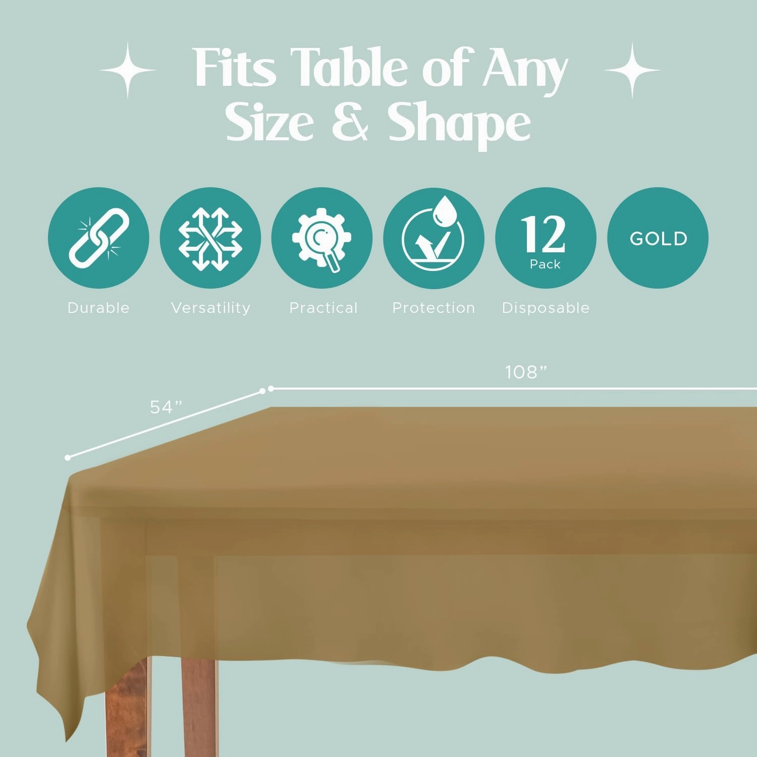 Mountclear Disposable Plastic Tablecloths for Parties [Pack of 12] 54x108” Rectangle Table Cover for Indoor & Outdoor Tables- Waterproof Tablecloth for Birthdays, Weddings, Parties [Gold]