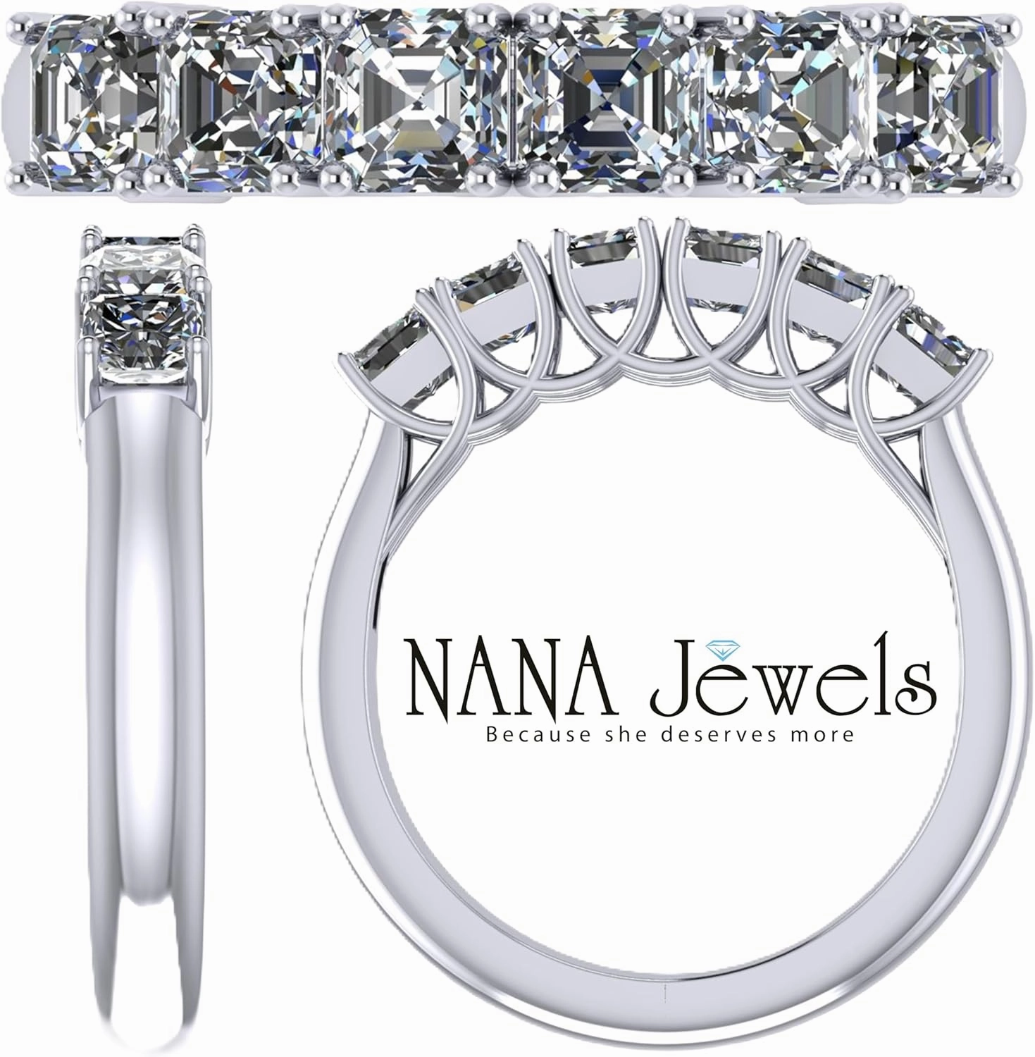 NANA Jewels Asscher Cut Simulated Diamond Ring 1.00ctw 6 Stone Wedding Band, Sterling Silver 10K/14K Gold