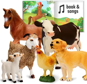 Narratoys Farm Animal Figures for Toddlers with Book & Audio - 6 Realistic Plastic Farm Toys Set with Horse, Cow, Dog, Goat, Hen - Educational Figurines for Kids 18  Months