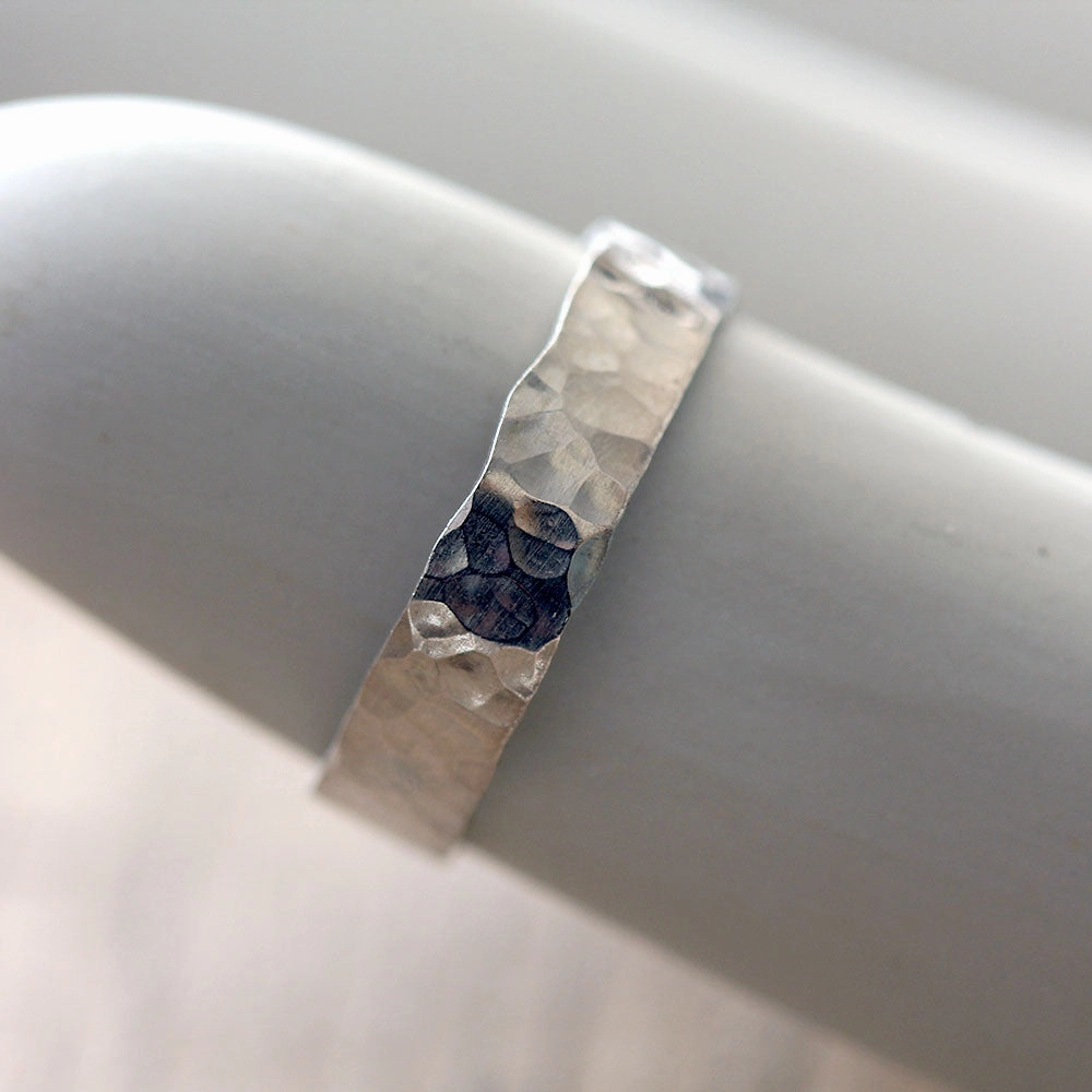 Narrow Hammered Wedding Ring Sterling Silver