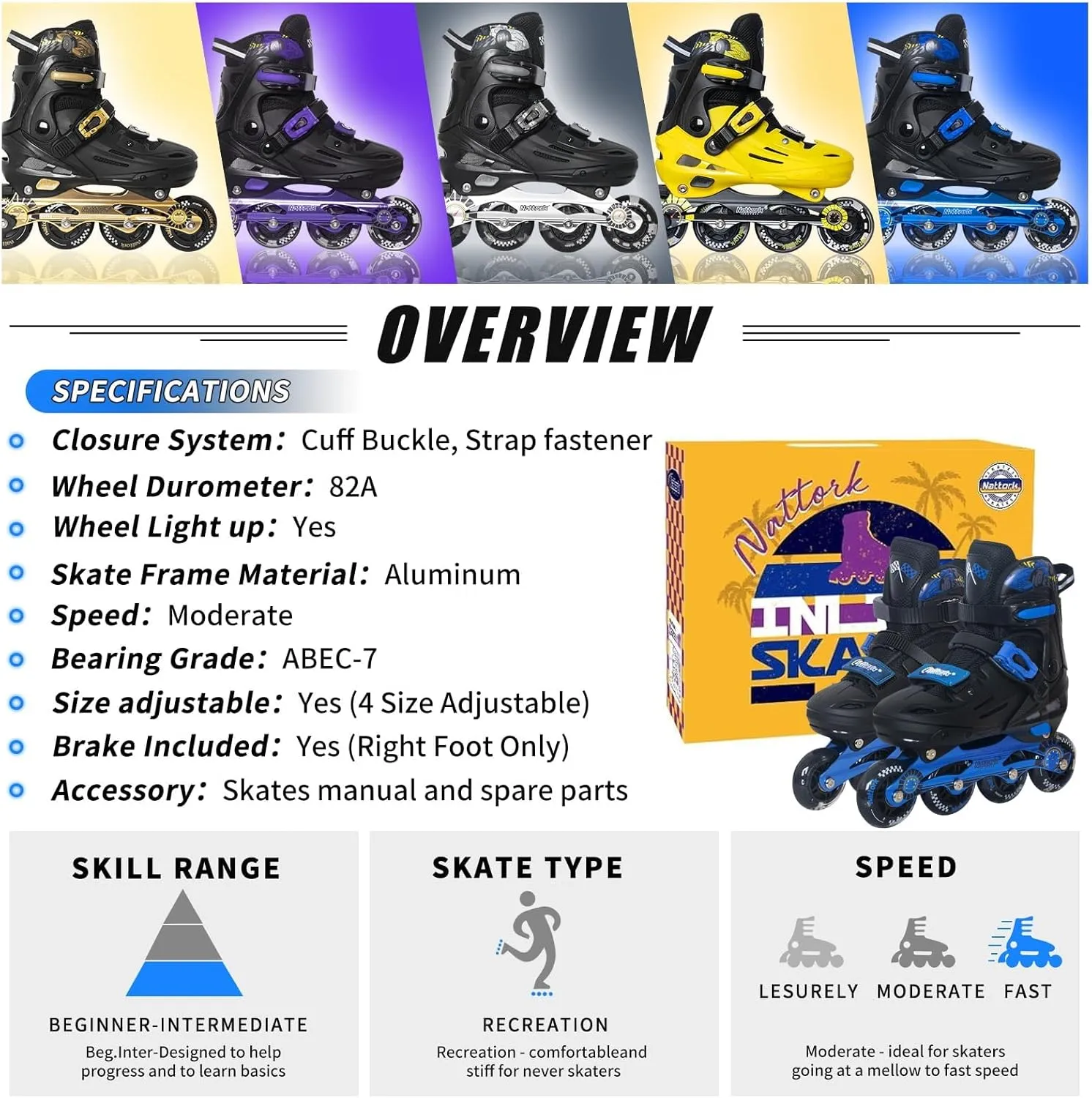 Nattork Kids Inline Skates Adjustable Light up Wheels Blades Roller for Boys Girls- TeenYouth Age 6-12 - Cool Racing Car Decorations Indoor Outdoor Birthday Gift for Son and Grandson