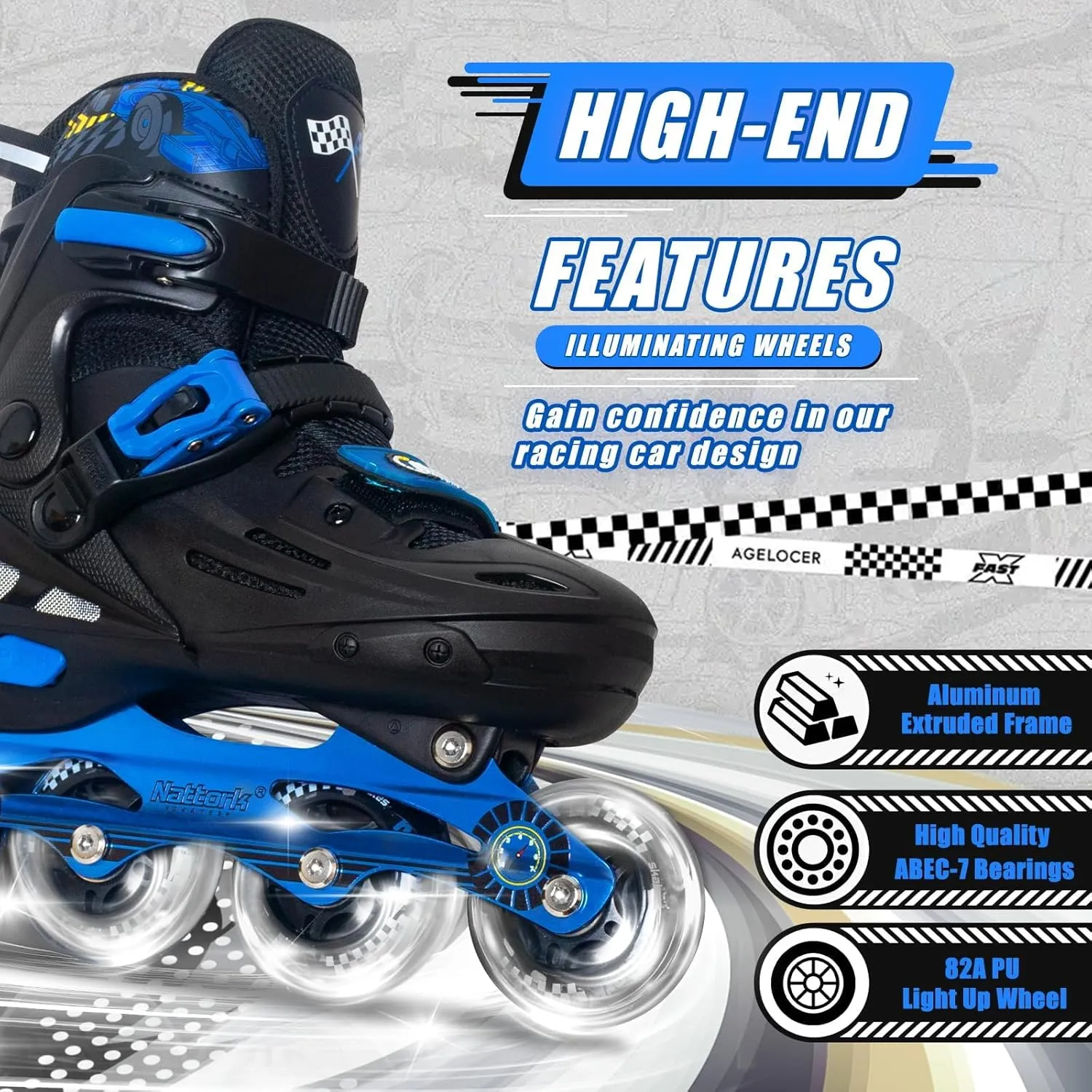 Nattork Kids Inline Skates Adjustable Light up Wheels Blades Roller for Boys Girls- TeenYouth Age 6-12 - Cool Racing Car Decorations Indoor Outdoor Birthday Gift for Son and Grandson