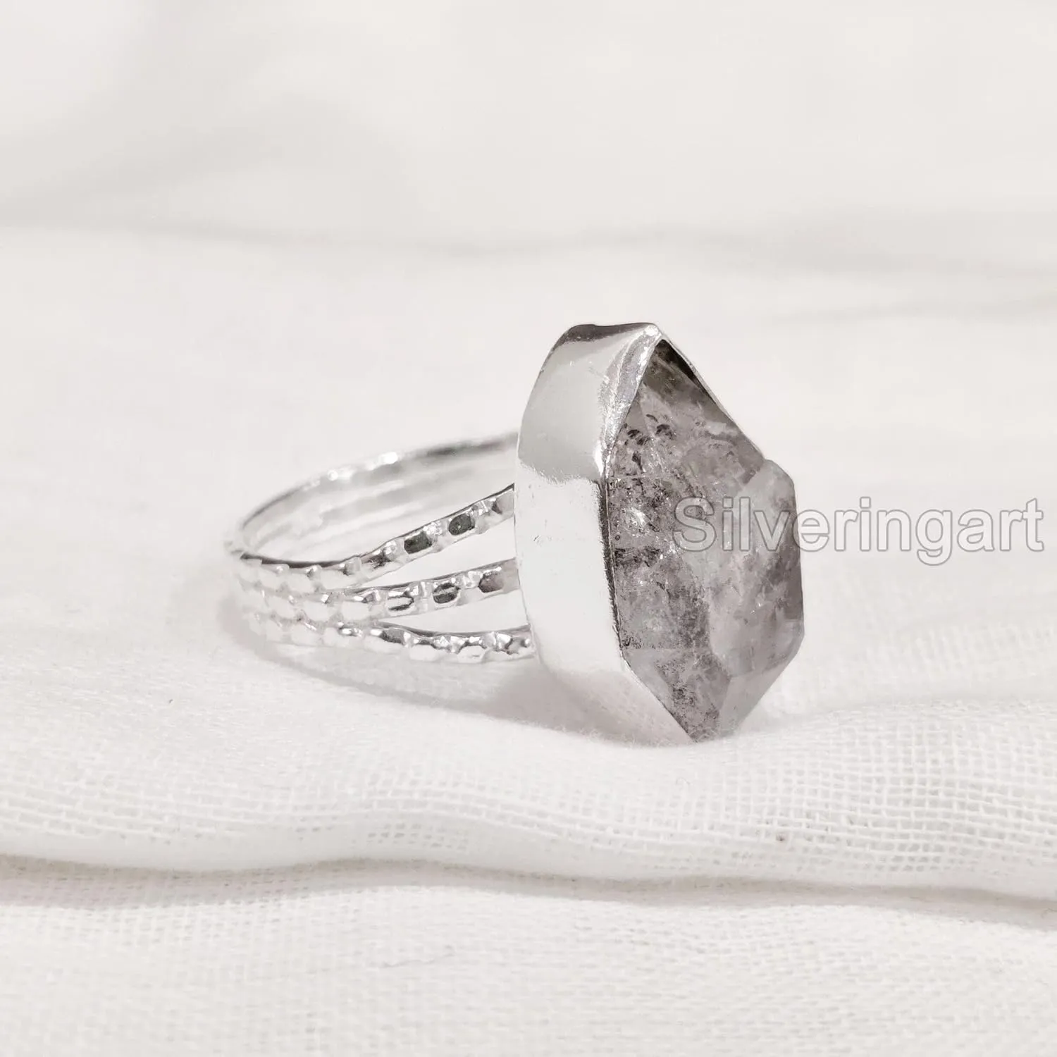 Natural Herkimer Diamond Ring, Rough Herkimer Diamond Ring, 3 Doted Band, 925 Sterling Silver, Womens Ring, Christmas, Thanksgiving, Handmade, Statement Jewelry, Raw Gemstone Jewelry (6)