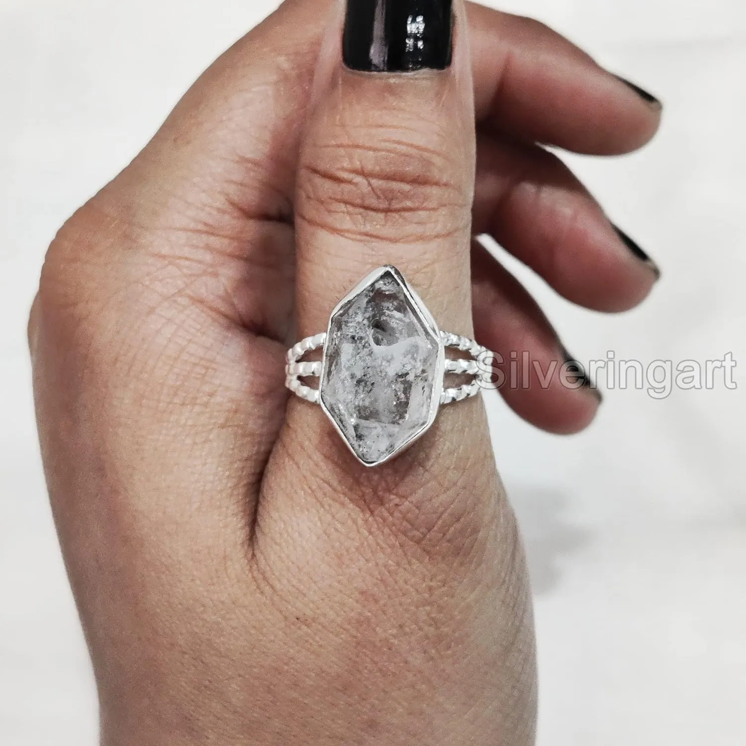Natural Herkimer Diamond Ring, Rough Herkimer Diamond Ring, 3 Doted Band, 925 Sterling Silver, Womens Ring, Christmas, Thanksgiving, Handmade, Statement Jewelry, Raw Gemstone Jewelry (6)