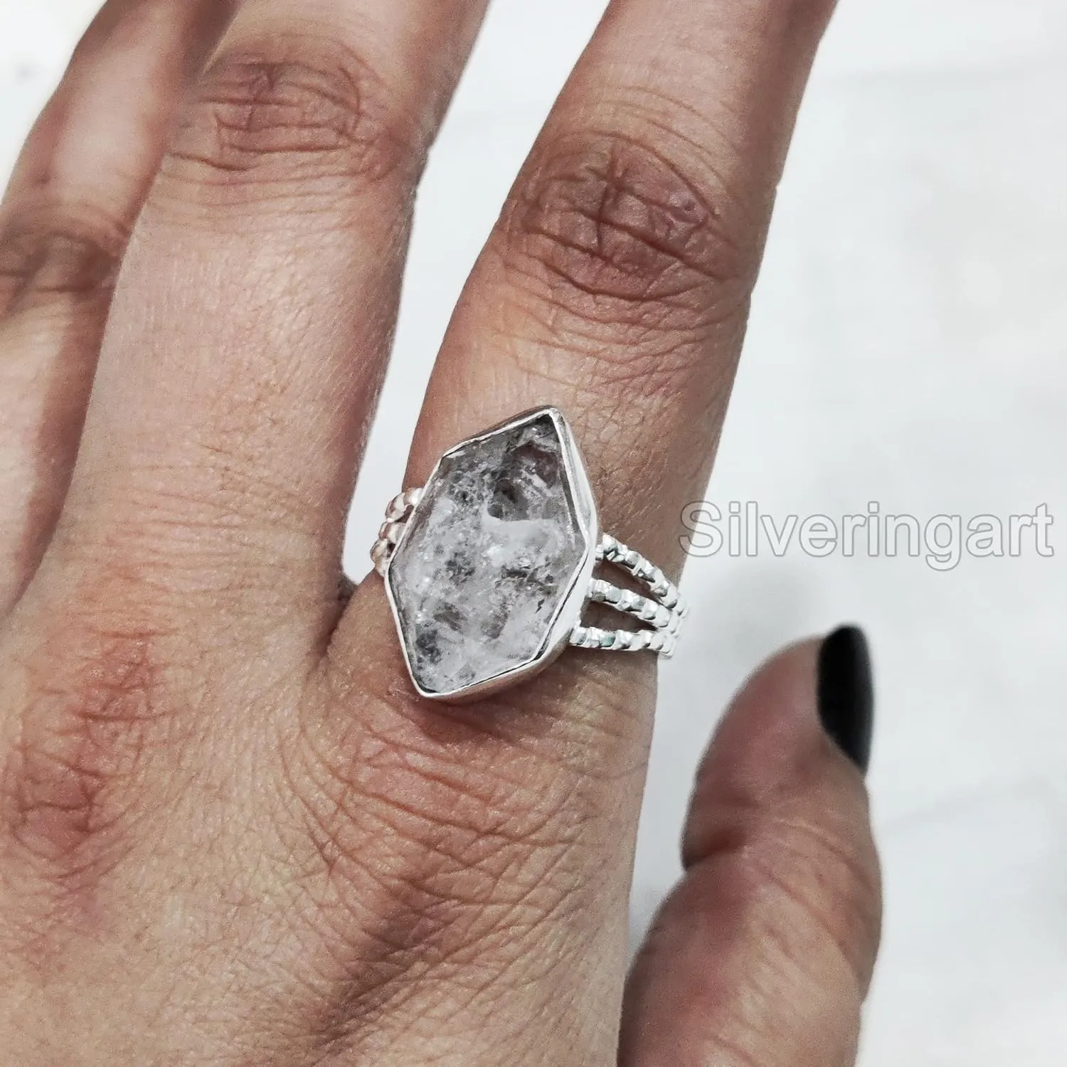 Natural Herkimer Diamond Ring, Rough Herkimer Diamond Ring, 3 Doted Band, 925 Sterling Silver, Womens Ring, Christmas, Thanksgiving, Handmade, Statement Jewelry, Raw Gemstone Jewelry (6)