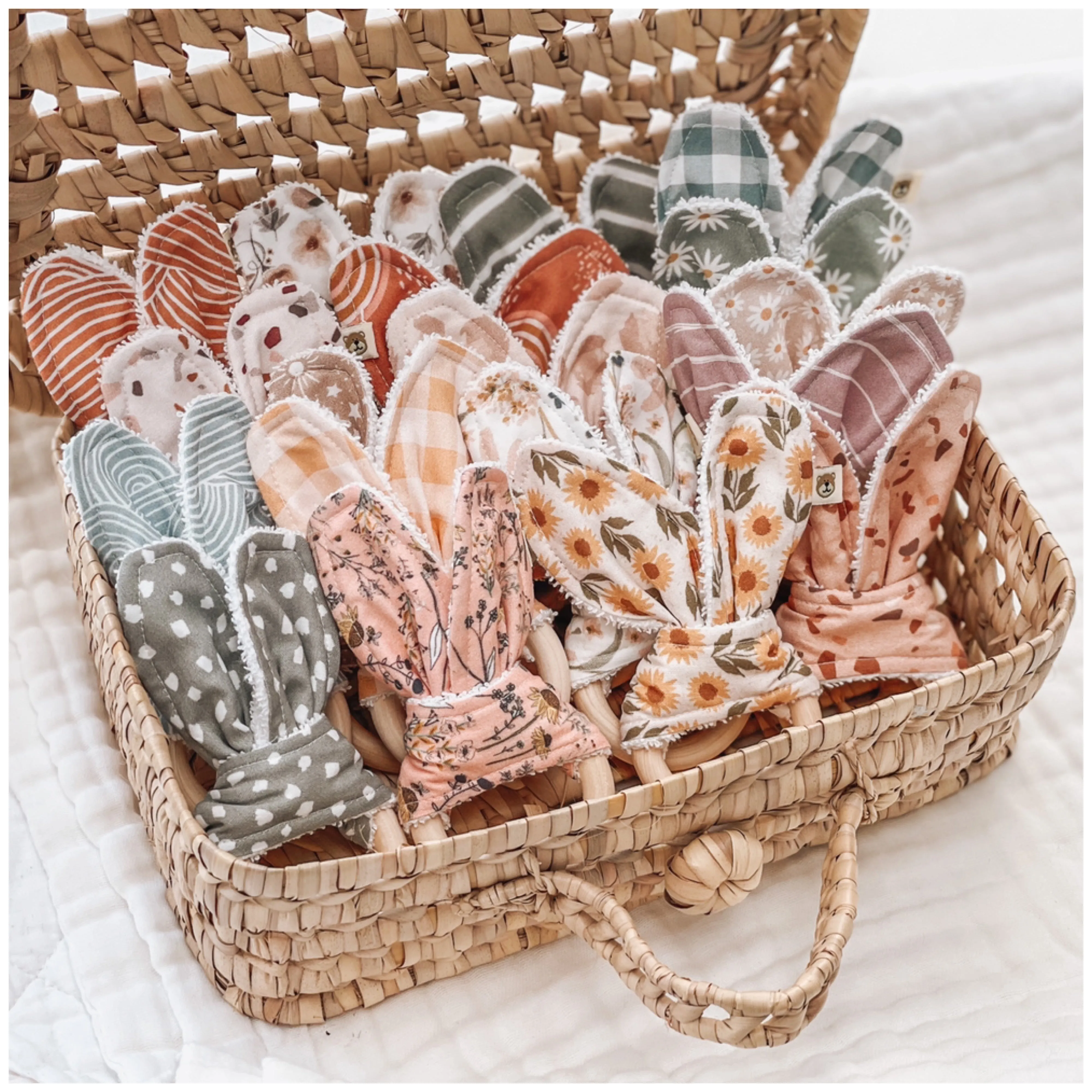 Natural wood & Bunny Ear Teething Ring - Pastel Leopard