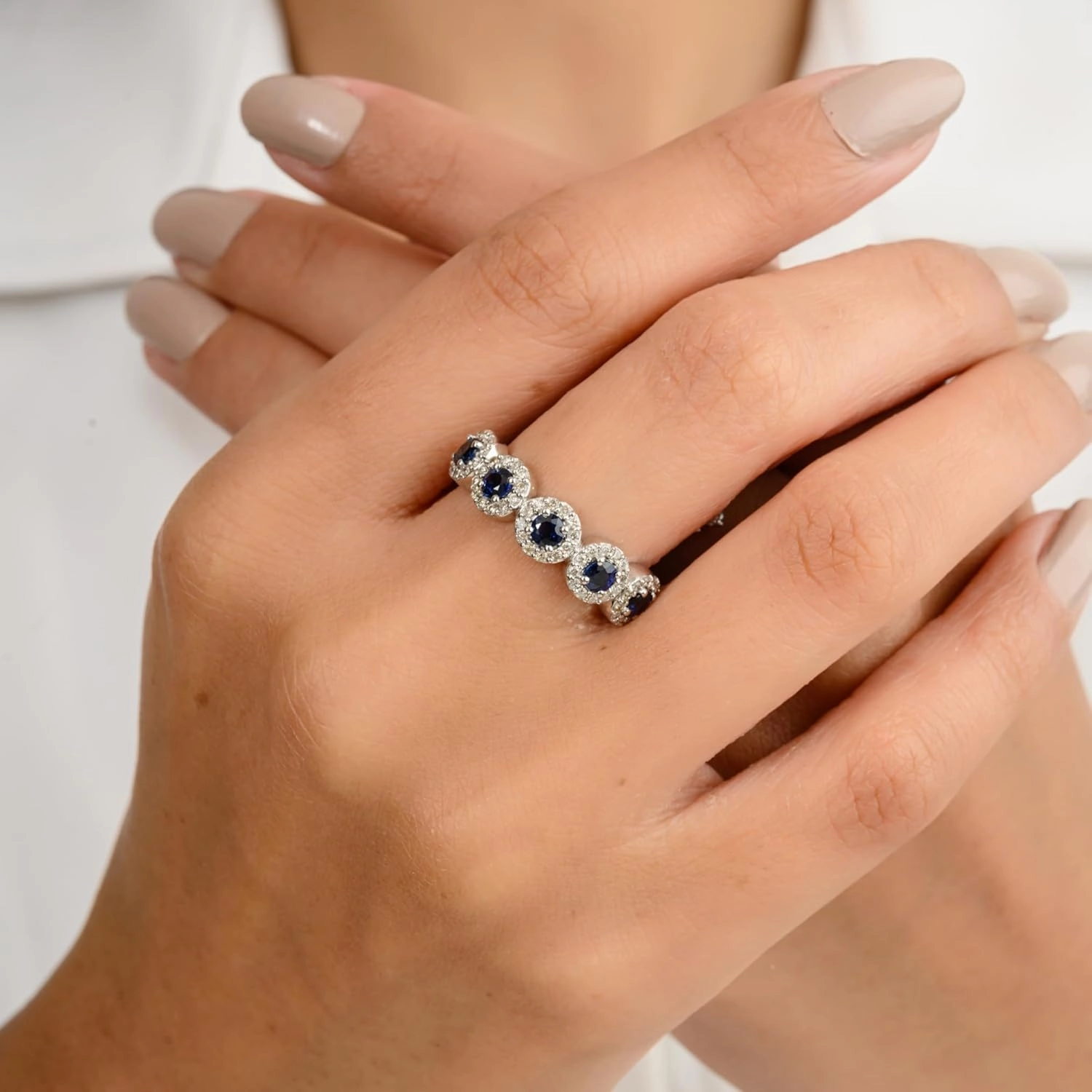 Natural Blue Sapphire with Diamond Five Stone Ring for Women in 18K White Gold, September Birthstone Jewellery Gift for Her, Birthday, Engagement, Wedding, Anniversary