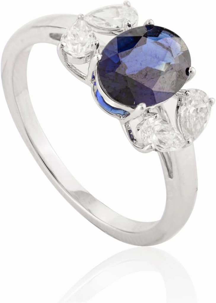 Natural Blue Sapphire with Diamond Solitaire Ring for Women in 18K White Gold, September Birthstone Jewellery Gift for Her, Birthday, Engagement, Wedding, Anniversary
