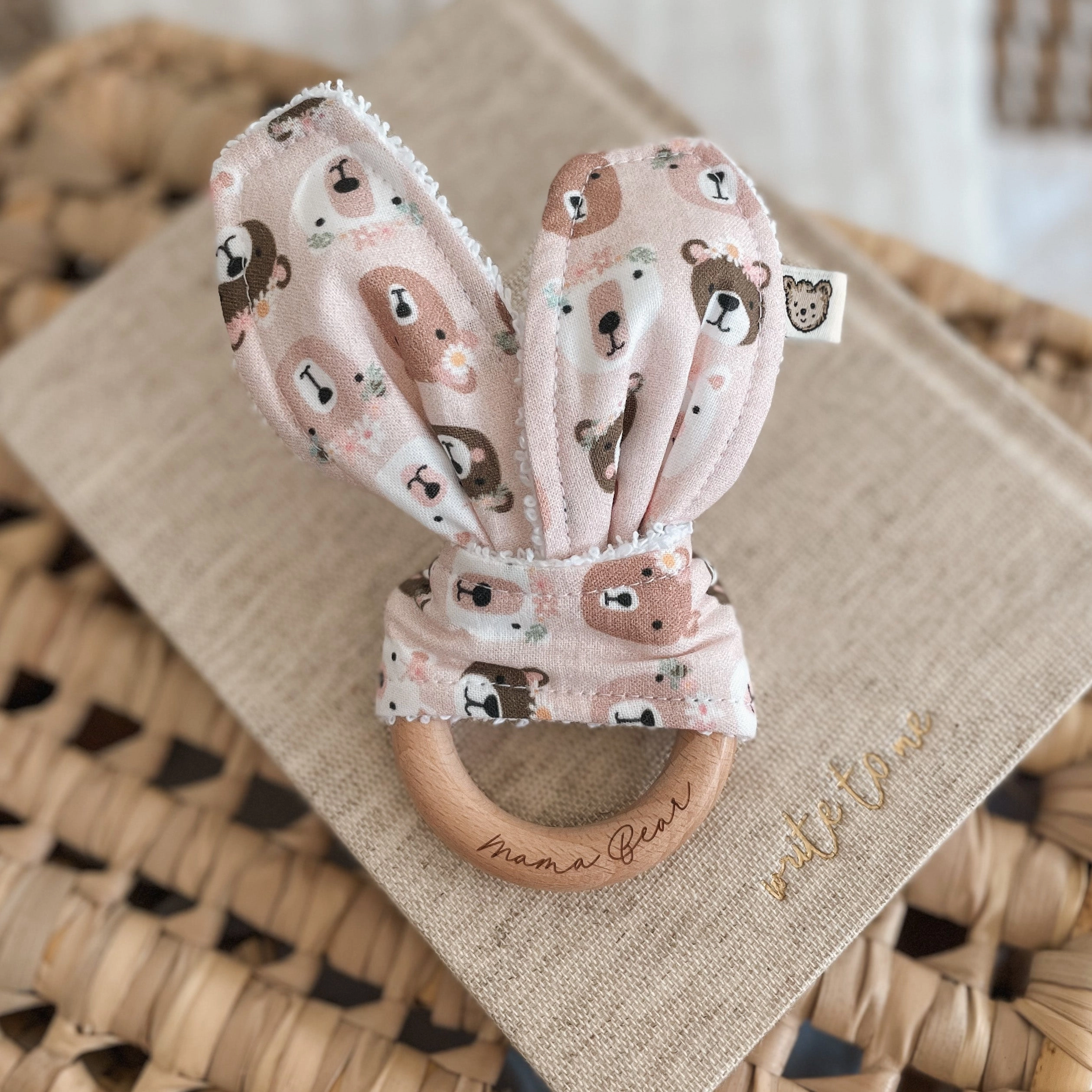 Natural wood & Bunny Ear Teething Ring - Floral Bear (Blush)