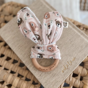 Natural wood & Bunny Ear Teething Ring - Floral Bear (Blush)