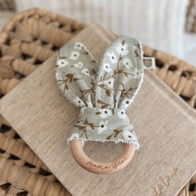 Natural wood & Bunny Ear Teething Ring - Sage Daisy Vines