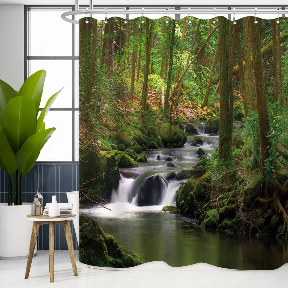 Nature Shower Curtain Flowing Stream Forest Waterfall Natural Landscape Green Trees Jungle Mossy Rocks Themed Scenery Waterproof Fabric Bathroom Decor 72Lx60W Inch Plastic Hooks 12PCS